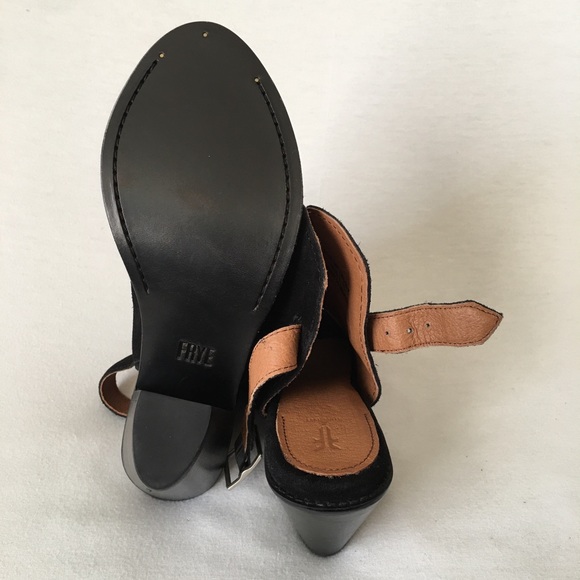 FRYE Dani Shield Sling Back Sandal Heels Open toe Wood wmn 6.5 black Or tan New - Picture 7 of 15